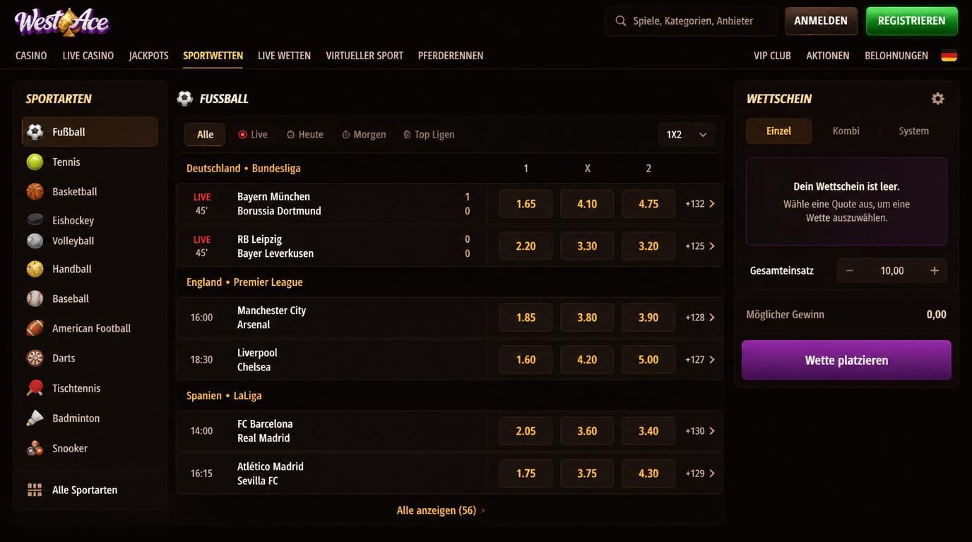 Eine übersichtliche Sportwetten-Oberfläche in Deutsch mit klaren Quoten und Wettschein