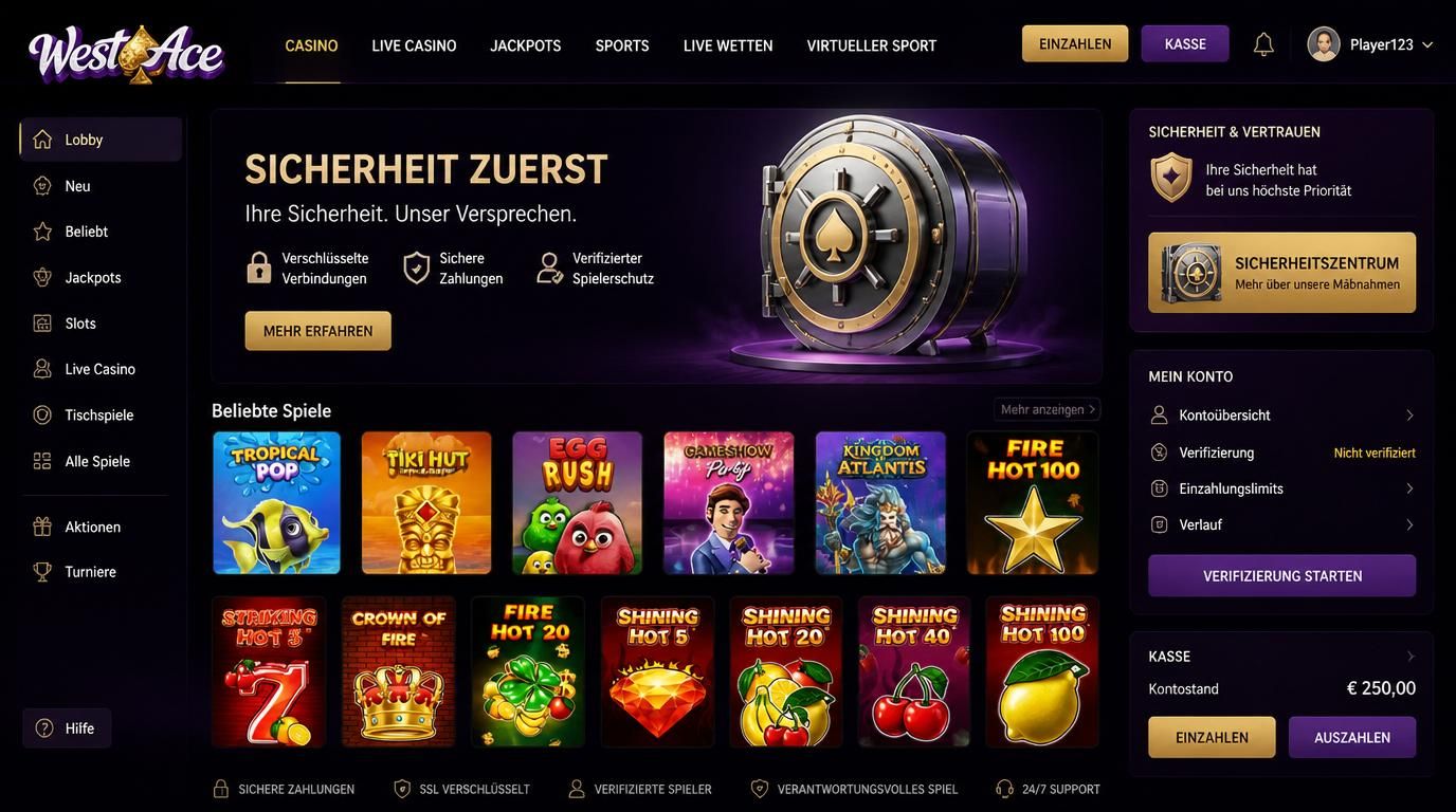 Ein Spieler sieht ein Sicherheitsschloss auf dem Bildschirm, die Kasse mit klaren Einzahlungsoptionen und Verifizierungsschritte