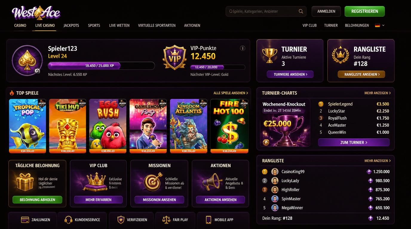 Ein Fortschrittsbalken mit Level-Aufstiegen, ein VIP-Abzeichen und Turnier-Ergebnisse in der Lobby