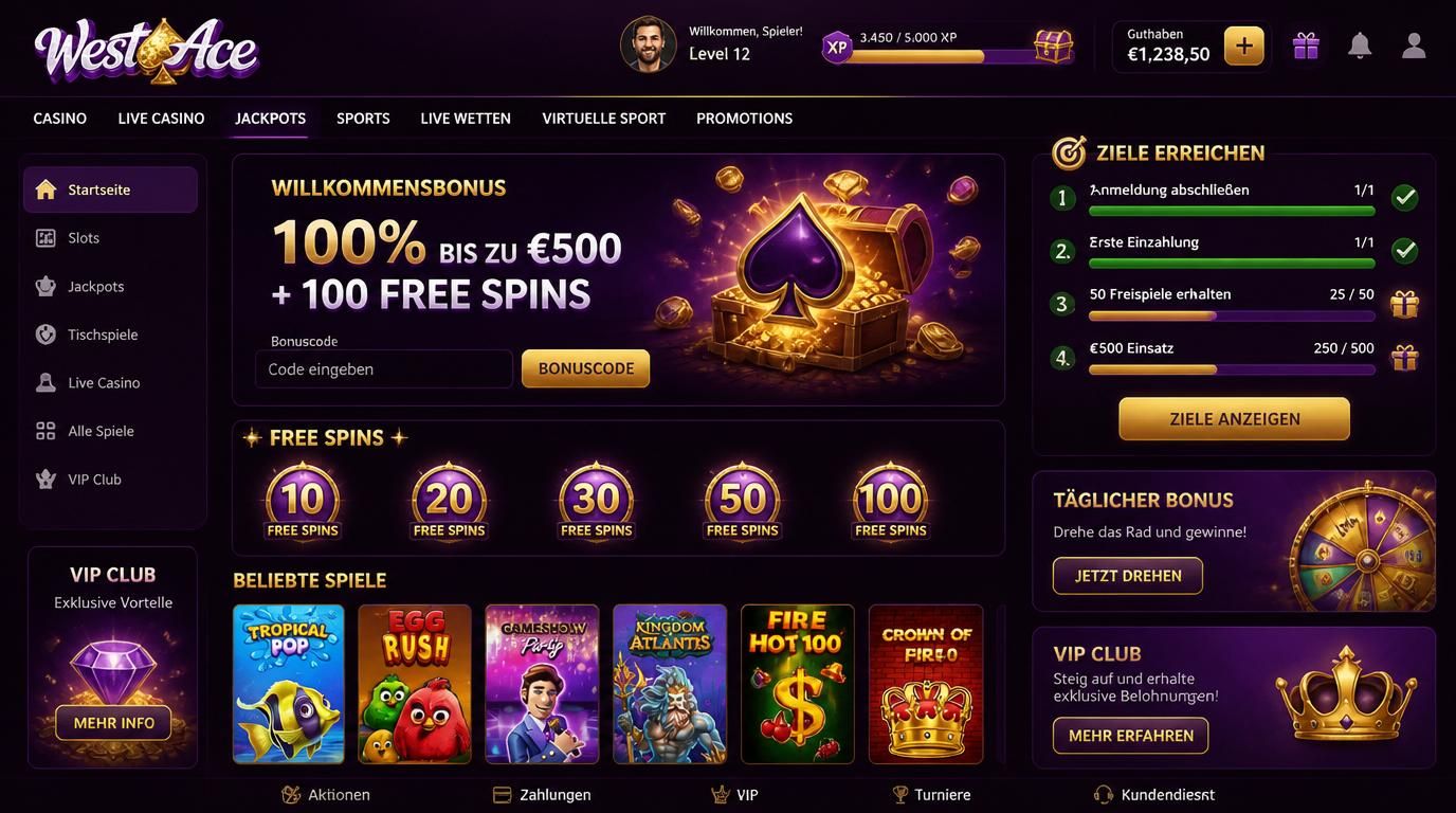 Screenshots mit Bonuscode-Feld, Fortschrittsanzeige und Zielabschnitten