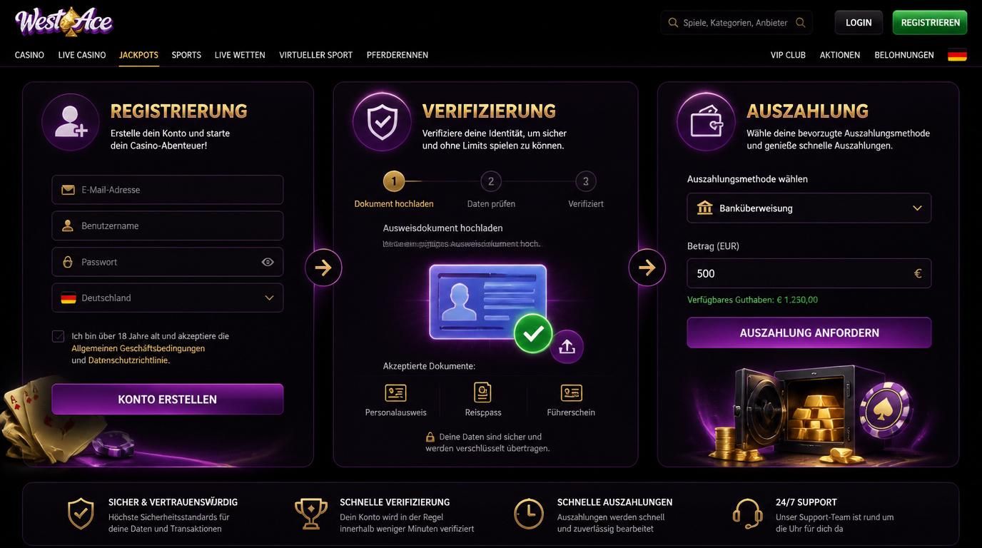 Registrierungsbildschirm mit Identitätsprüfung, Dokumentupload, Auszahlungsschritte